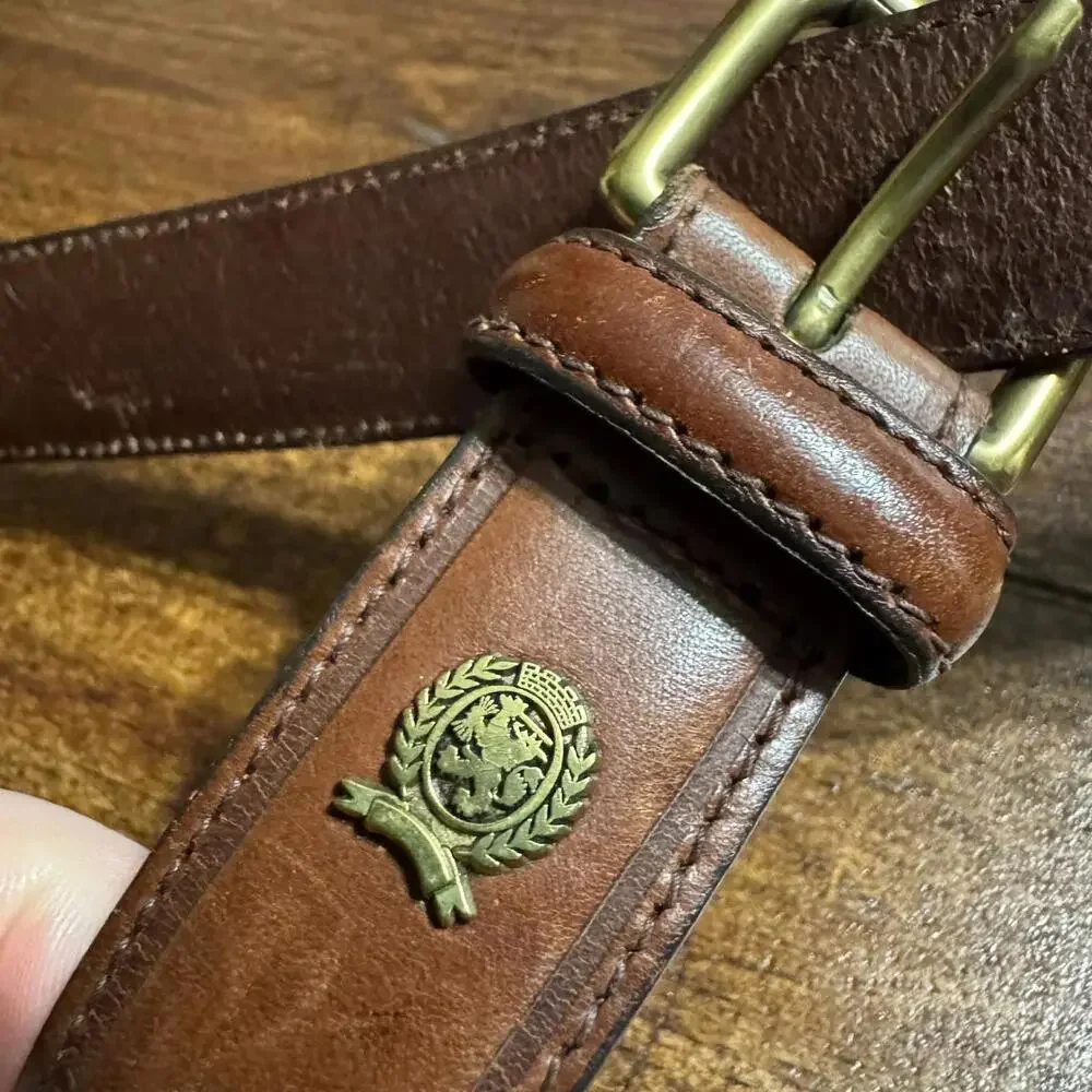 Vintage Tommy Hilfiger Leather Belt 38 Brown Solid Brass Gold Tone Buckle Logo
